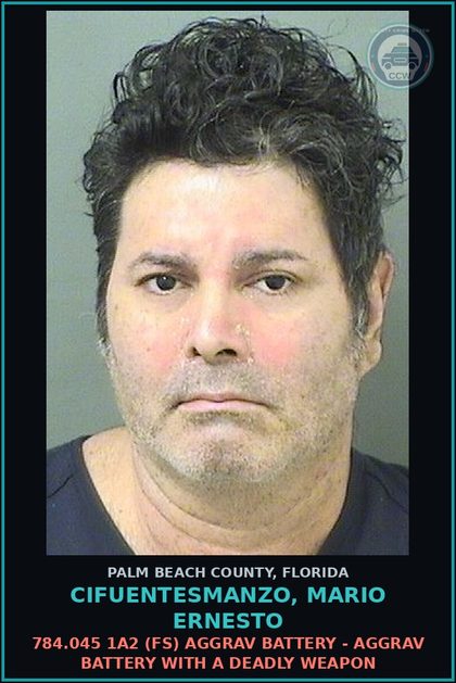 CCW arrest card for CIFUENTESMANZO, MARIO ERNESTO in Palm Beach County: 784.045 1A2 (FS) AGGRAV BATTERY - AGGRAV BATTERY WITH A DEADLY WEAPON