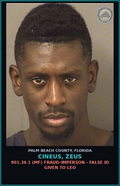 CCW arrest card for CINEUS, ZEUS in Palm Beach County: 856.021 (MS) LOITERING - LOITER/PROWL IN UNSUAL PLACE OR MANNER