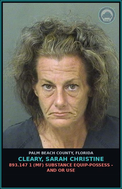CCW arrest card for CLEARY, SARAH CHRISTINE in Palm Beach County: 893.147 1 (MF) DRUG EQUIP-POSSESS - AND OR USE