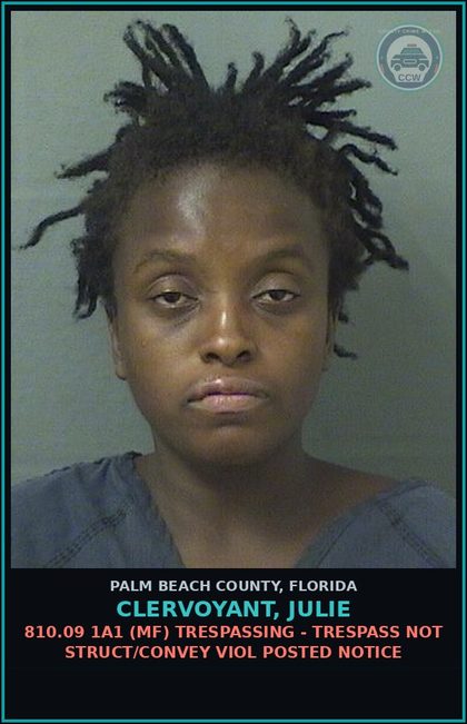 CCW arrest card for CLERVOYANT, JULIE in Palm Beach County: 893.147 1 (MF) DRUG EQUIP-POSSESS - AND OR USE