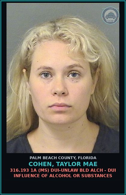 CCW arrest card for COHEN, TAYLOR MAE in Palm Beach County: 316.193 1A (MS) DUI-UNLAW BLD ALCH - DUI INFLUENCE OF ALCOHOL OR DRUGS