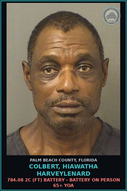 CCW arrest card for COLBERT, HIAWATHA HARVEYLENARD in Palm Beach County: 784.08 2C (FT) BATTERY - BATTERY ON PERSON 65+ YOA