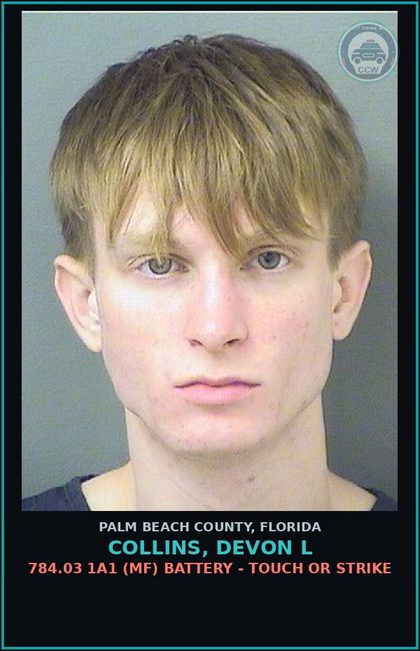 CCW arrest card for COLLINS, DEVON L in Palm Beach County: 784.03 1A1 (MF) BATTERY - TOUCH OR STRIKE