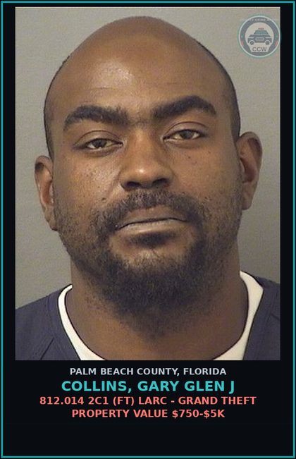 CCW arrest card for COLLINS, GARY GLEN J in Palm Beach County: 812.014 2C1 (FT) LARC - GRAND THEFT PROPERTY VALUE $750-$5K