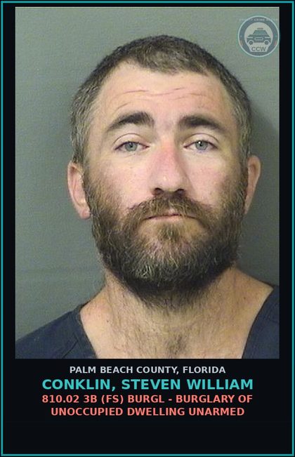 CCW arrest card for CONKLIN, STEVEN WILLIAM in Palm Beach County: 810.02 3B (FS) BURGL - BURGLARY OF UNOCCUPIED DWELLING UNARMED