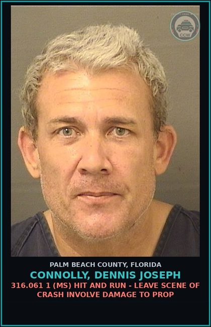 CCW arrest card for CONNOLLY, DENNIS JOSEPH in Palm Beach County: 316.061 1 (MS) HIT AND RUN - LEAVE SCENE OF CRASH INVOLVE DAMAGE TO PROP