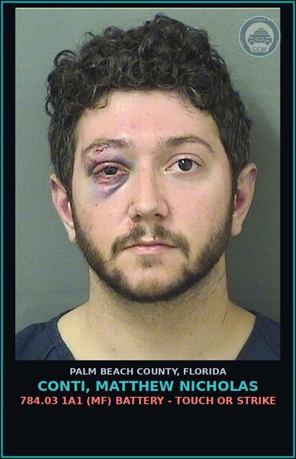 CCW arrest card for CONTI, MATTHEW NICHOLAS in Palm Beach County: 784.03 1A1 (MF) BATTERY - TOUCH OR STRIKE