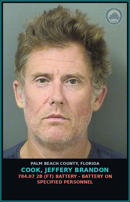 CCW arrest card for COOK, JEFFERY BRANDON in Palm Beach County: 784.07 2B (FT) BATTERY - BATTERY ON SPECIFIED PERSONNEL