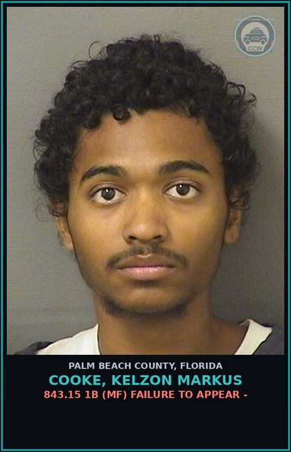 CCW arrest card for COOKE, KELZON MARKUS in Palm Beach County: 843.15 1B (MF) FAILURE TO APPEAR -