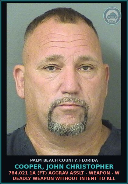 CCW arrest card for COOPER, JOHN CHRISTOPHER in Palm Beach County: 784.021 1A (FT) AGGRAV ASSLT - WEAPON - W DEADLY WEAPON WITHOUT INTENT TO KILL