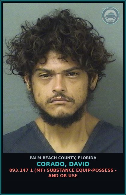 CCW arrest card for CORADO, DAVID in Palm Beach County: 893.147 1 (MF) DRUG EQUIP-POSSESS - AND OR USE
