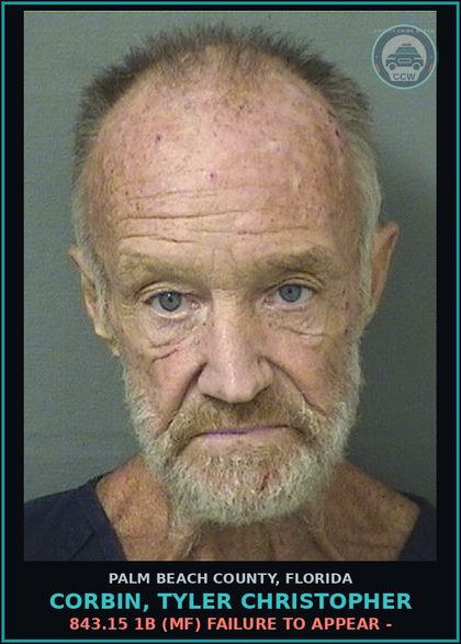 CCW arrest card for CORBIN, TYLER CHRISTOPHER in Palm Beach County: 843.15 1B (MF) FAILURE TO APPEAR -