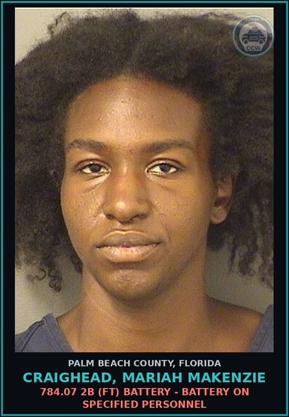 CCW arrest card for CRAIGHEAD, MARIAH MAKENZIE in Palm Beach County: 843.01 1 (FT) RESIST OFFICER - RESIST OFFICER WITH VIOLENCE