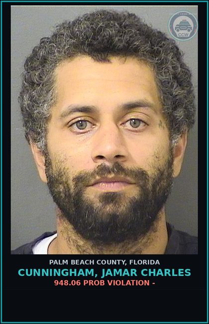 CCW arrest card for CUNNINGHAM, JAMAR CHARLES in Palm Beach County: 948.06 PROB VIOLATION -
