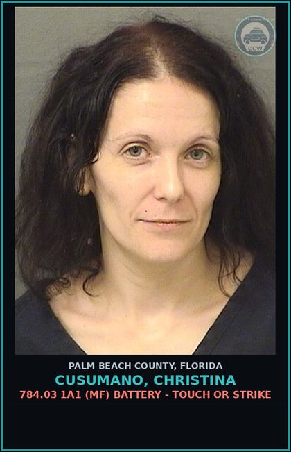 CCW arrest card for CUSUMANO, CHRISTINA in Palm Beach County: 784.03 1A1 (MF) BATTERY - TOUCH OR STRIKE