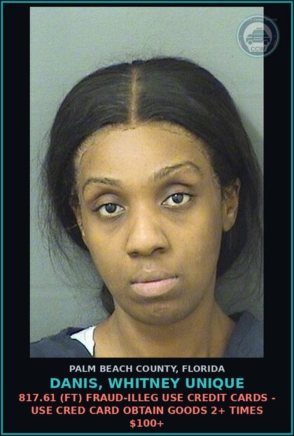 CCW arrest card for DANIS, WHITNEY UNIQUE in Palm Beach County: 817.61 (FT) FRAUD-ILLEG USE CREDIT CARDS - USE CRED CARD OBTAIN GOODS 2+ TIMES $100+