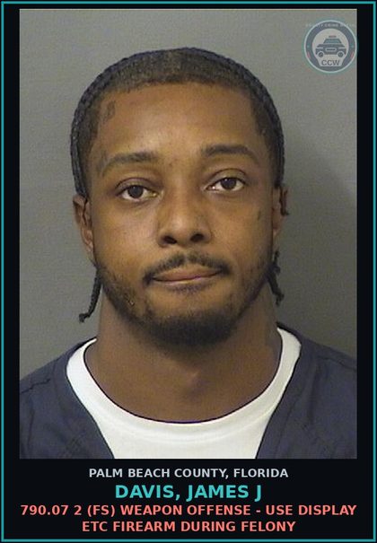 CCW arrest card for DAVIS, JAMES J in Palm Beach County: 322.34 5 (FT) MOVING TRAFFIC VIOL - DRIVE WHILE LIC SUSP HABITUAL OFFENDER