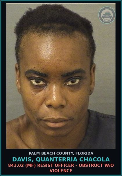 CCW arrest card for DAVIS, QUANTERRIA CHACOLA in Palm Beach County: 893.147 1 (MF) DRUG EQUIP-POSSESS - AND OR USE