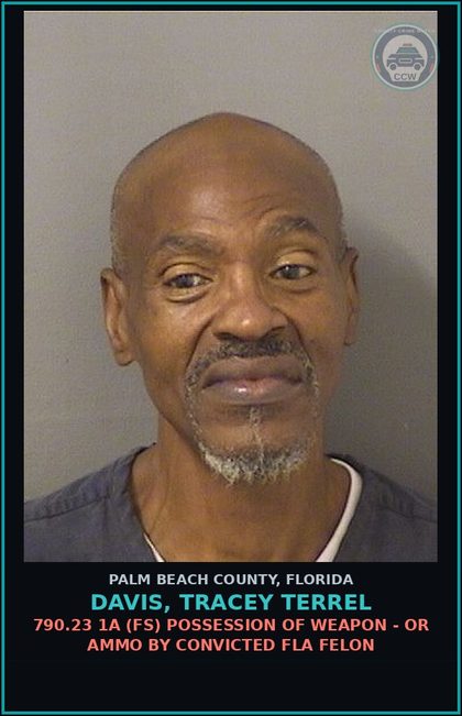 CCW arrest card for DAVIS, TRACEY TERREL in Palm Beach County: 790.23 1A (FS) POSSESSION OF WEAPON - OR AMMO BY CONVICTED FLA FELON