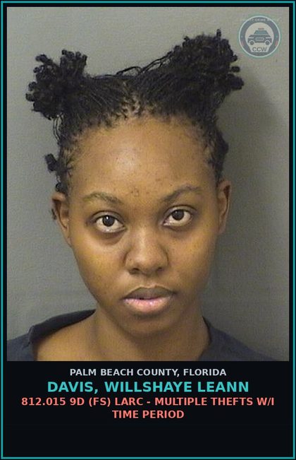 CCW arrest card for DAVIS, WILLSHAYE LEANN in Palm Beach County: 812.015 9D (FS) LARC - MULTIPLE THEFTS W/I TIME PERIOD