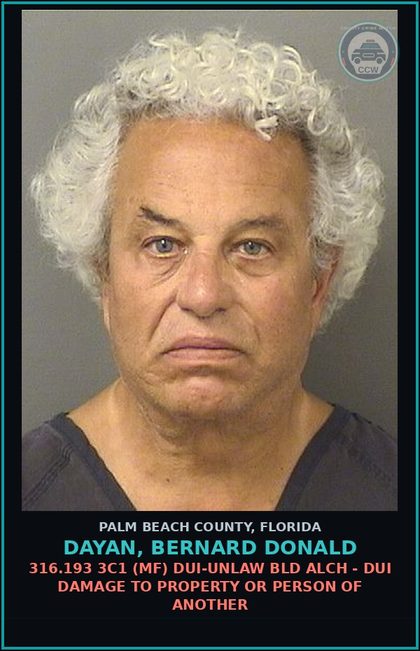 CCW arrest card for DAYAN, BERNARD DONALD in Palm Beach County: 316.193 3C1 (MF) DUI-UNLAW BLD ALCH - DUI DAMAGE TO PROPERTY OR PERSON OF ANOTHER