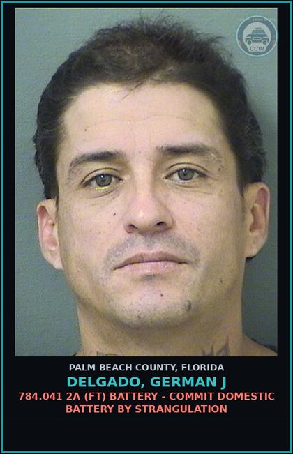 CCW arrest card for DELGADO, GERMAN J in Palm Beach County: 784.041 2A (FT) BATTERY - COMMIT DOMESTIC BATTERY BY STRANGULATION