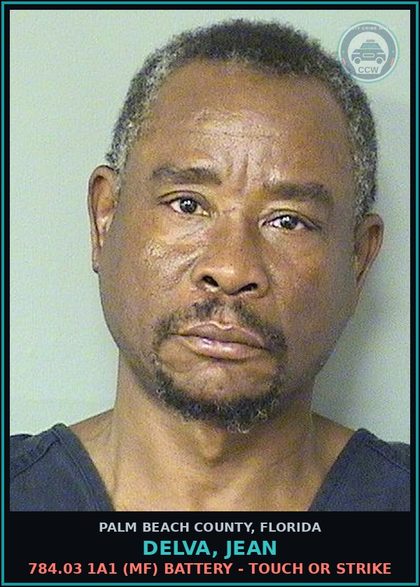 CCW arrest card for DELVA, JEAN in Palm Beach County: 784.03 1A1 (MF) BATTERY - TOUCH OR STRIKE