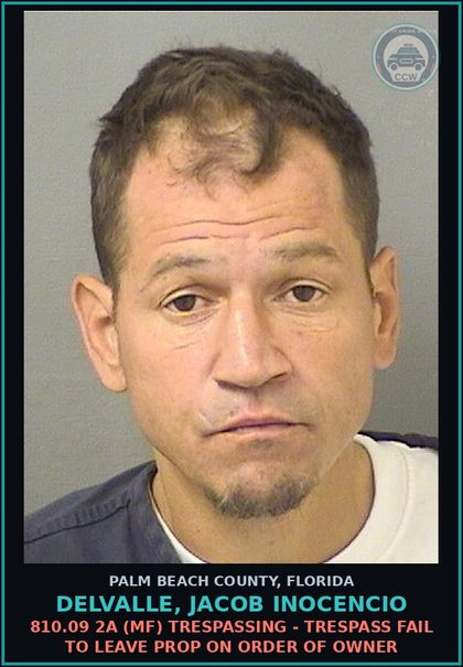 CCW arrest card for DELVALLE, JACOB INOCENCIO in Palm Beach County: 810.09 2A (MF) TRESPASSING - TRESPASS FAIL TO LEAVE PROP ON ORDER OF OWNER