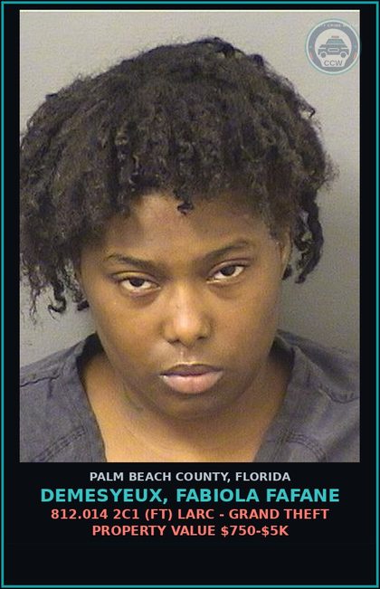 CCW arrest card for DEMESYEUX, FABIOLA FAFANE in Palm Beach County: 812.014 2C1 (FT) LARC - GRAND THEFT PROPERTY VALUE $750-$5K