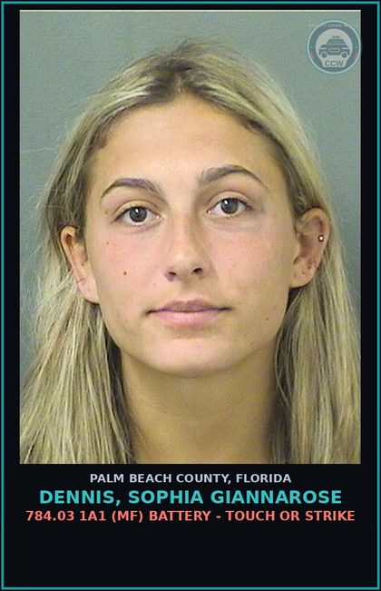 CCW arrest card for DENNIS, SOPHIA GIANNAROSE in Palm Beach County: 784.03 1A1 (MF) BATTERY - TOUCH OR STRIKE