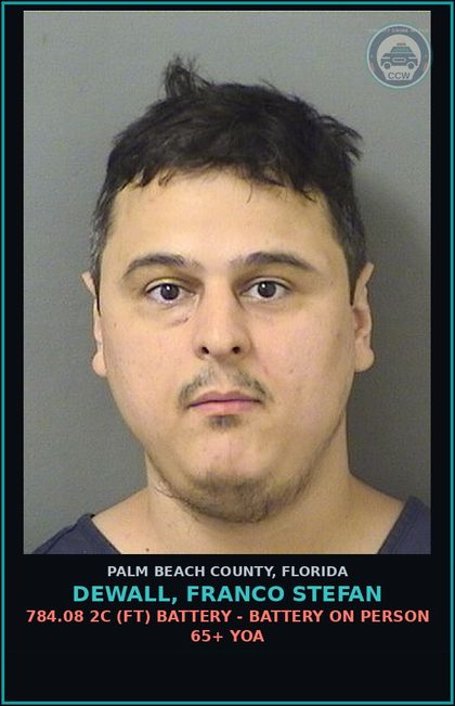 CCW arrest card for DEWALL, FRANCO STEFAN in Palm Beach County: 784.08 2C (FT) BATTERY - BATTERY ON PERSON 65+ YOA