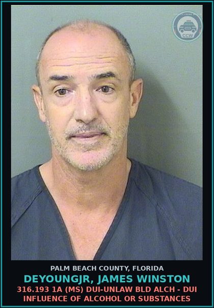CCW arrest card for DEYOUNGJR, JAMES WINSTON in Palm Beach County: 316.193 1A (MS) DUI-UNLAW BLD ALCH - DUI INFLUENCE OF ALCOHOL OR DRUGS