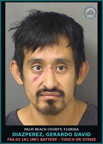 CCW arrest card for DIAZPEREZ, GERARDO DAVID in Palm Beach County: 784.03 1A1 (MF) BATTERY - TOUCH OR STRIKE