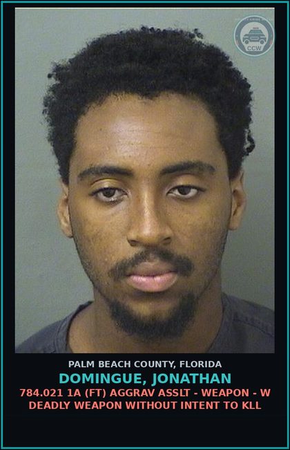 CCW arrest card for DOMINGUE, JONATHAN in Palm Beach County: 784.021 1A (FT) AGGRAV ASSLT - WEAPON - W DEADLY WEAPON WITHOUT INTENT TO KILL