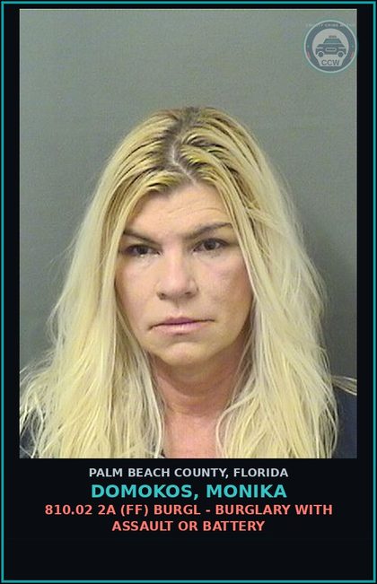 CCW arrest card for DOMOKOS, MONIKA in Palm Beach County: 810.02 2A (FF) BURGL - BURGLARY WITH ASSAULT OR BATTERY