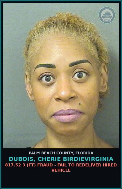 CCW arrest card for DUBOIS, CHERIE BIRDIEVIRGINIA in Palm Beach County: 817.52 3 (FT) FRAUD - FAIL TO REDELIVER HIRED VEHICLE