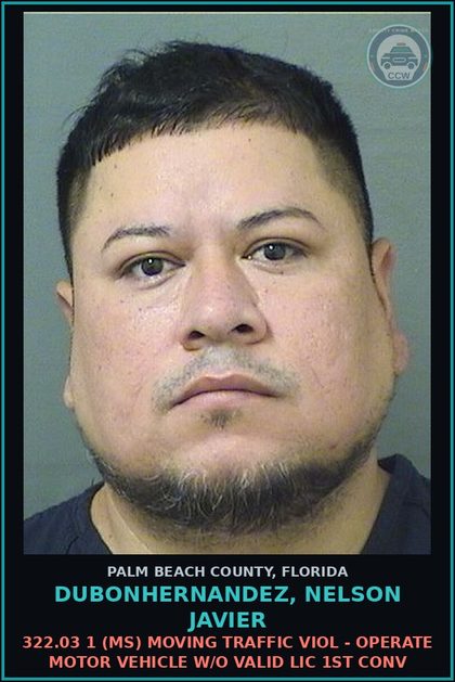 CCW arrest card for DUBONHERNANDEZ, NELSON JAVIER in Palm Beach County: 322.03 1 (MS) MOVING TRAFFIC VIOL - OPERATE MOTOR VEHICLE W/O VALID LIC 1ST CONV