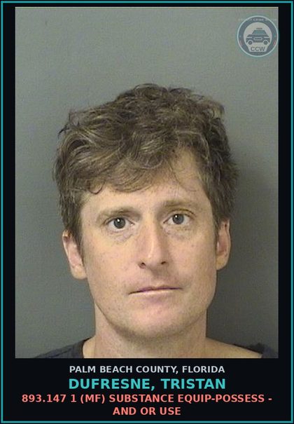 CCW arrest card for DUFRESNE, TRISTAN in Palm Beach County: 893.13 6A (FT) DRUGS-POSSESS - POSSESS contr substance W/O PRESCRIPTION