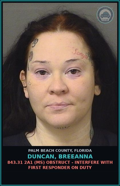 CCW arrest card for DUNCAN, BREEANNA in Palm Beach County: 843.31 2A1 (MS) OBSTRUCT - INTERFERE WITH FIRST RESPONDER ON DUTY