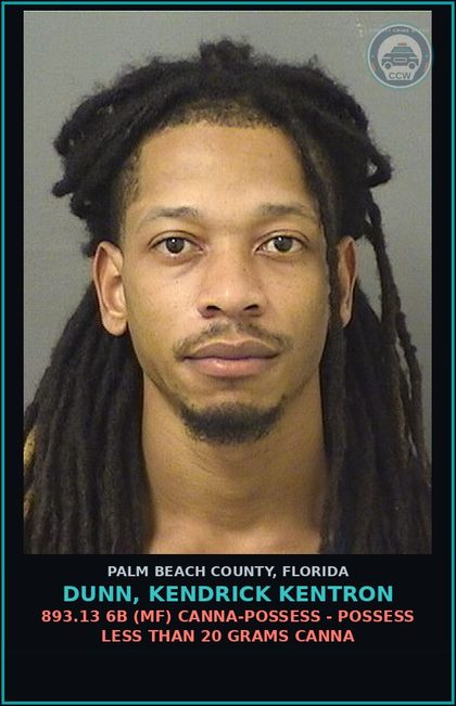 CCW arrest card for DUNN, KENDRICK KENTRON in Palm Beach County: 893.13 6A (FT) DRUGS-POSSESS - POSSESS contr substance W/O PRESCRIPTION