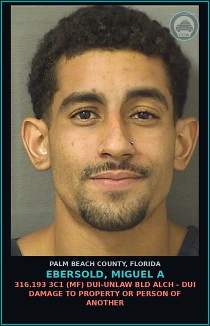 CCW arrest card for EBERSOLD, MIGUEL A in Palm Beach County: 316.193 3C1 (MF) DUI-UNLAW BLD ALCH - DUI DAMAGE TO PROPERTY OR PERSON OF ANOTHER