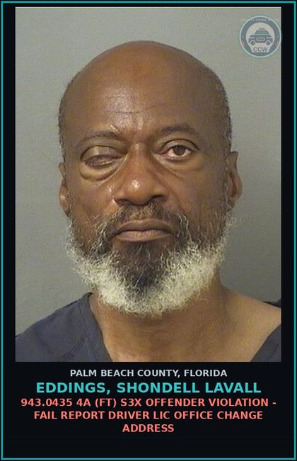 CCW arrest card for EDDINGS, SHONDELL LAVALL in Palm Beach County: 943.0435 4A (FT) s3x OFFENDER VIOLATION - FAIL REPORT DRIVER LIC OFFICE CHANGE ADDRESS