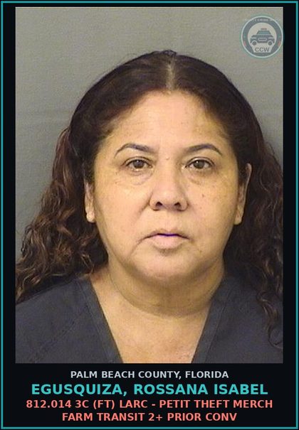 CCW arrest card for EGUSQUIZA, ROSSANA ISABEL in Palm Beach County: 812.014 3C (FT) LARC - PETIT THEFT MERCH FARM TRANSIT 2+ PRIOR CONV