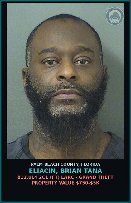 CCW arrest card for ELIACIN, BRIAN TANA in Palm Beach County: 812.014 2C1 (FT) LARC - GRAND THEFT PROPERTY VALUE $750-$5K