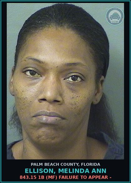 CCW arrest card for ELLISON, MELINDA ANN in Palm Beach County: 843.15 1B (MF) FAILURE TO APPEAR -