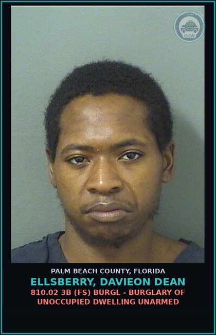 CCW arrest card for ELLSBERRY, DAVIEON DEAN in Palm Beach County: 810.02 3B (FS) BURGL - BURGLARY OF UNOCCUPIED DWELLING UNARMED