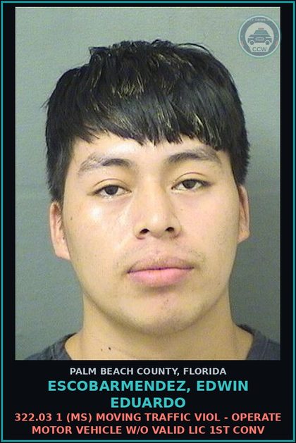 CCW arrest card for ESCOBARMENDEZ, EDWIN EDUARDO in Palm Beach County: 322.03 1 (MS) MOVING TRAFFIC VIOL - OPERATE MOTOR VEHICLE W/O VALID LIC 1ST CONV
