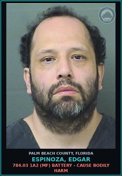 CCW arrest card for ESPINOZA, EDGAR in Palm Beach County: 784.03 1A2 (MF) BATTERY - CAUSE BODILY HARM