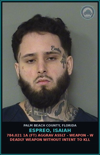 CCW arrest card for ESPREO, ISAIAH in Palm Beach County: 784.021 1A (FT) AGGRAV ASSLT - WEAPON - W DEADLY WEAPON WITHOUT INTENT TO KILL