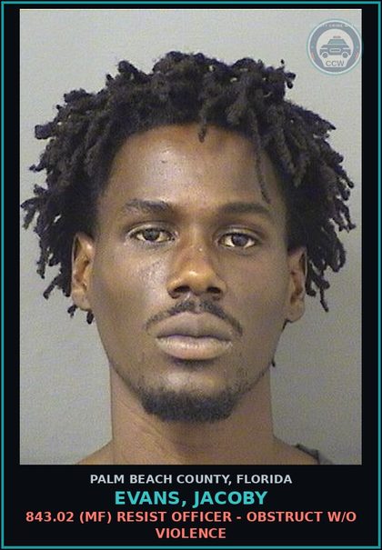 CCW arrest card for EVANS, JACOBY in Palm Beach County: 843.02 (MF) RESIST OFFICER - OBSTRUCT W/O VIOLENCE